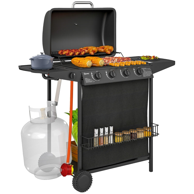 4+1 Burner Portable Gas BBQ Grill with Thermometer, Side Table, Wheels for Outdoor Cooking