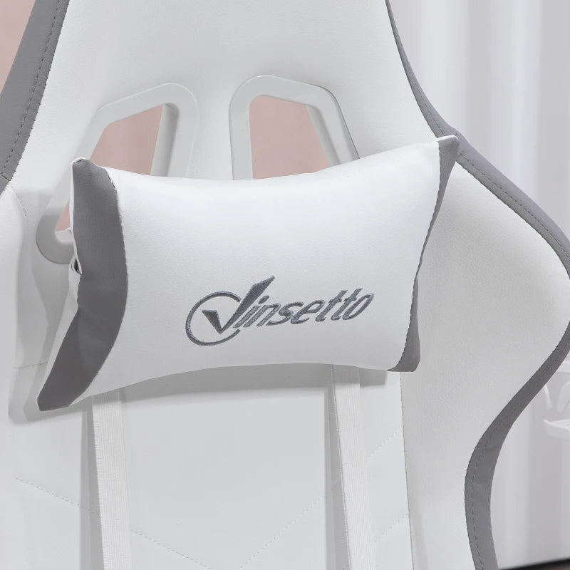 Vinsetto Gaming Chair with Footrest - PU Leather Swivel Desk Chair, 135° Recline, Lumbar Support, White & Grey