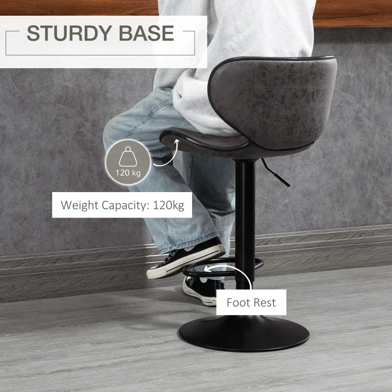 Set of 2 Adjustable Height Kitchen Stools - Leather Upholstered Dark Grey Bar Stools with Back (61-81cm)