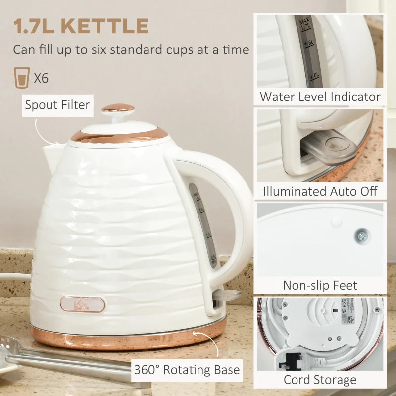Cream White Kettle and Toaster Set - 3000W Rapid Boil 1.7L Kettle & 4 Slice Toaster with 7 Browning Controls