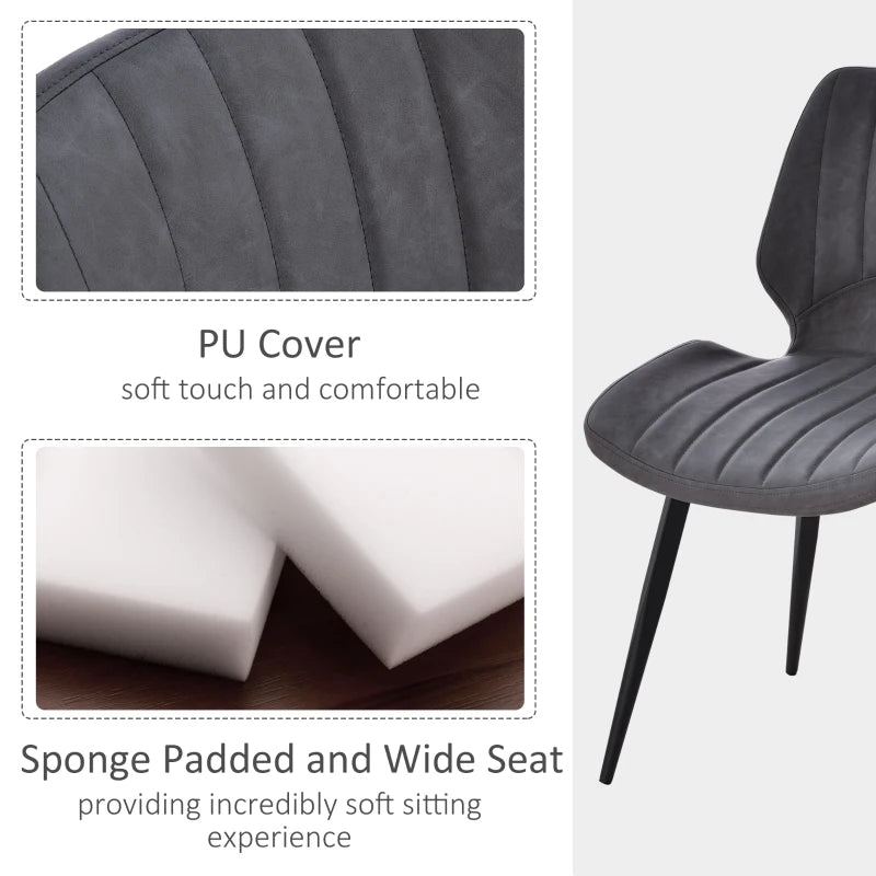 Set of 2 Grey PU Leather Dining Chairs with Backs, Padded Seats & Steel Frame for Kitchen & Dining Room