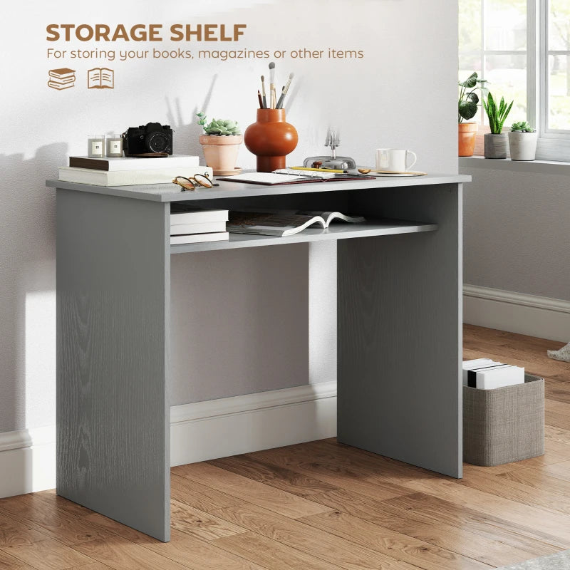 Modern Grey Computer Desk for Home Office - Small Writing Table with Storage Shelf, 90x50cm, Stylish & Functional