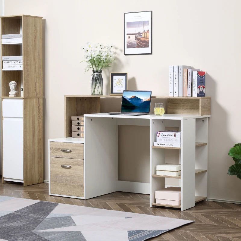 Large Oak Computer Desk with Drawers & Storage Shelves - Office Writing Table & Printer Stand for Home Office, 137x55x92cm