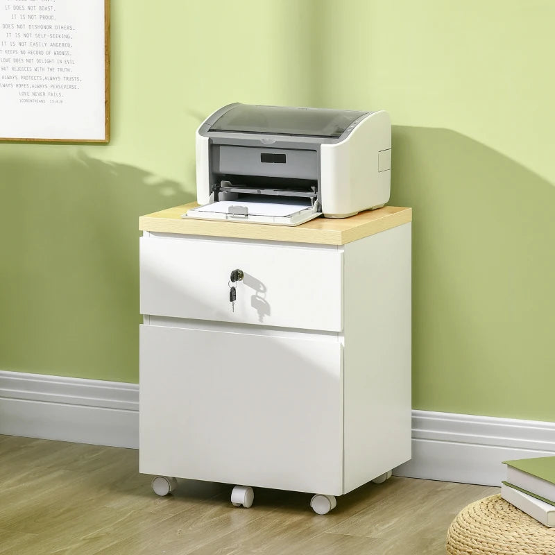 Vinsetto Mobile 2-Drawer Filing Cabinet with Lock & Wheels - White Legal Size File Storage for Home Office & Study
