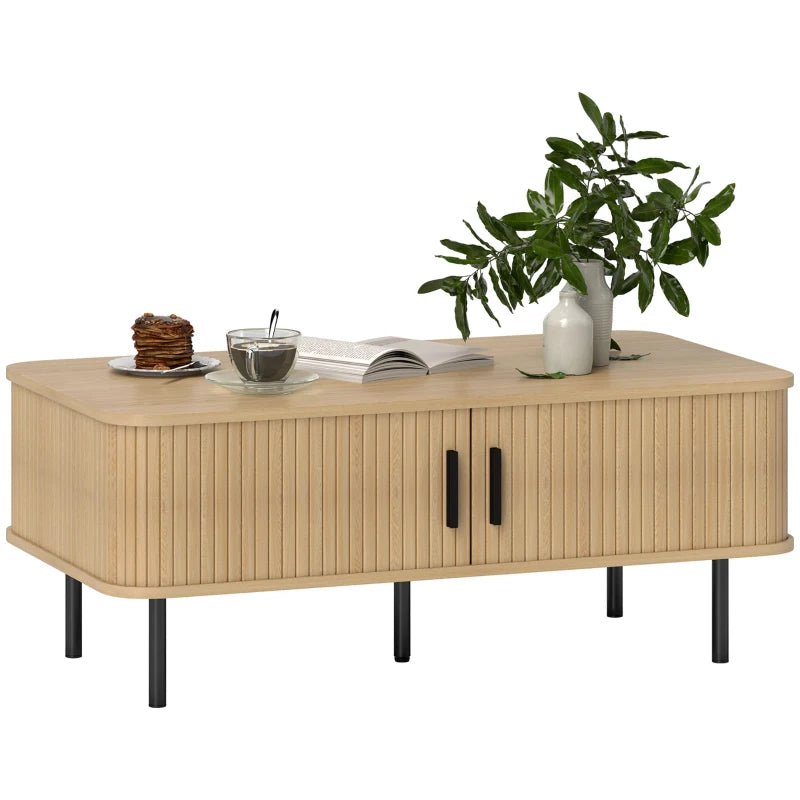 Modern Oak Coffee Table with Storage and Sliding Doors for Living Room