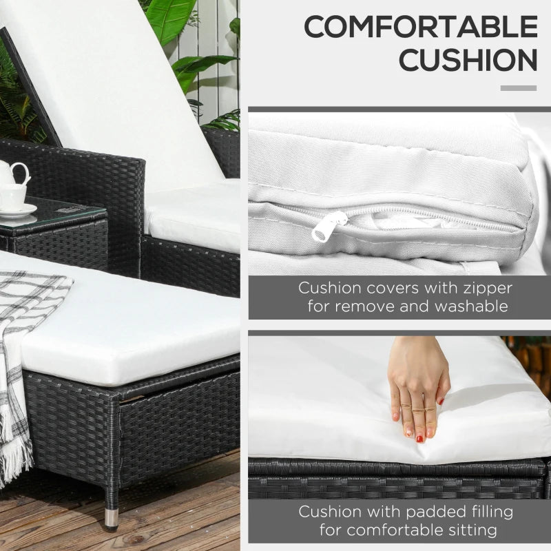 3-Piece Rattan Sun Lounger Set with Cream White Cushions