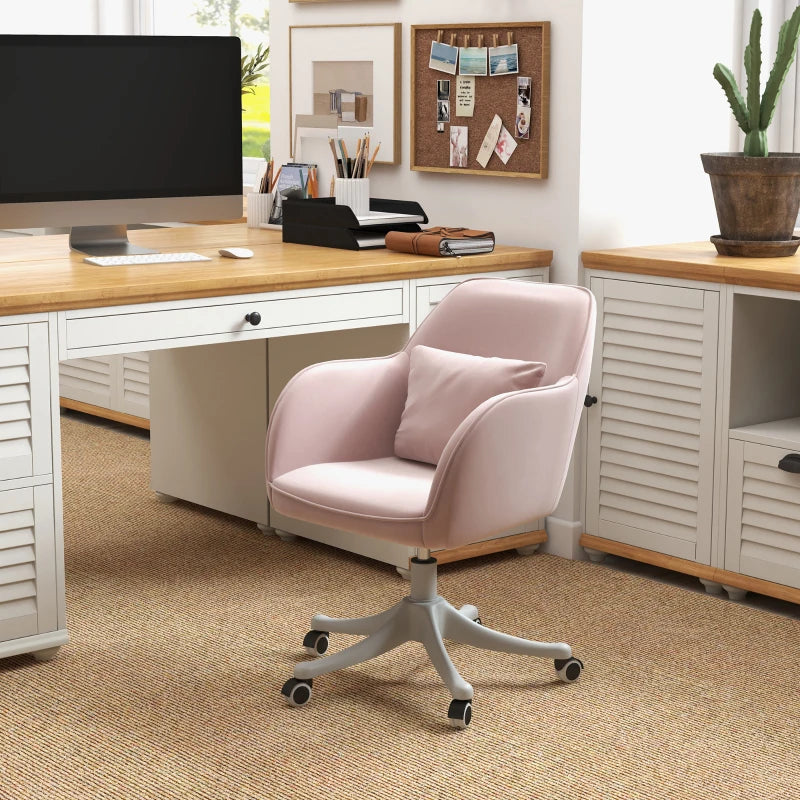 Vinsetto Pink Velvet Office Chair with Massage Lumbar Pillow, Rolling Wheels - Stylish Desk & Makeup Vanity Chair for Home