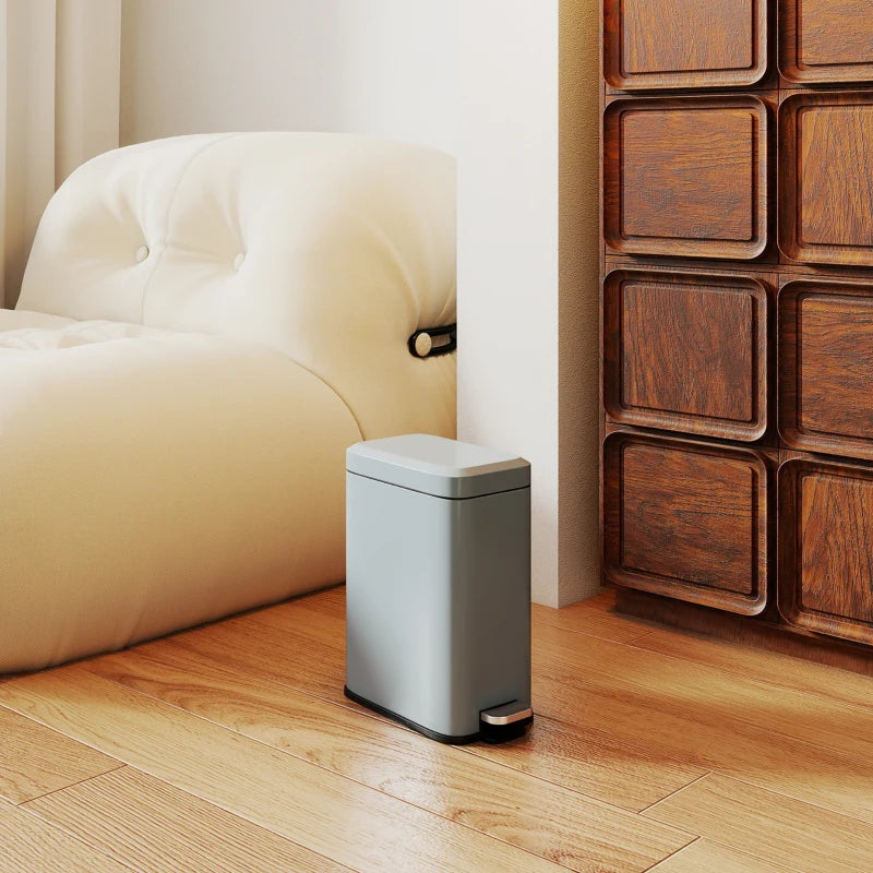 5L Rectangular Compact Steel Trash Can with Removable Bucket & Quiet-Close Lid - Ideal for Home, Office, Bathroom, Grey