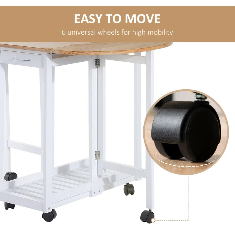 3 Piece Mobile Foldable Dining Room Set with Storage Shelf and Drawers for Home Kitchen Pub White