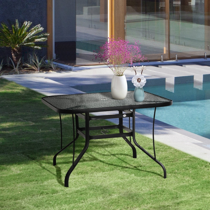 Black Square Outdoor Dining Table with Parasol Hole, Tempered Glass Top, Steel Frame