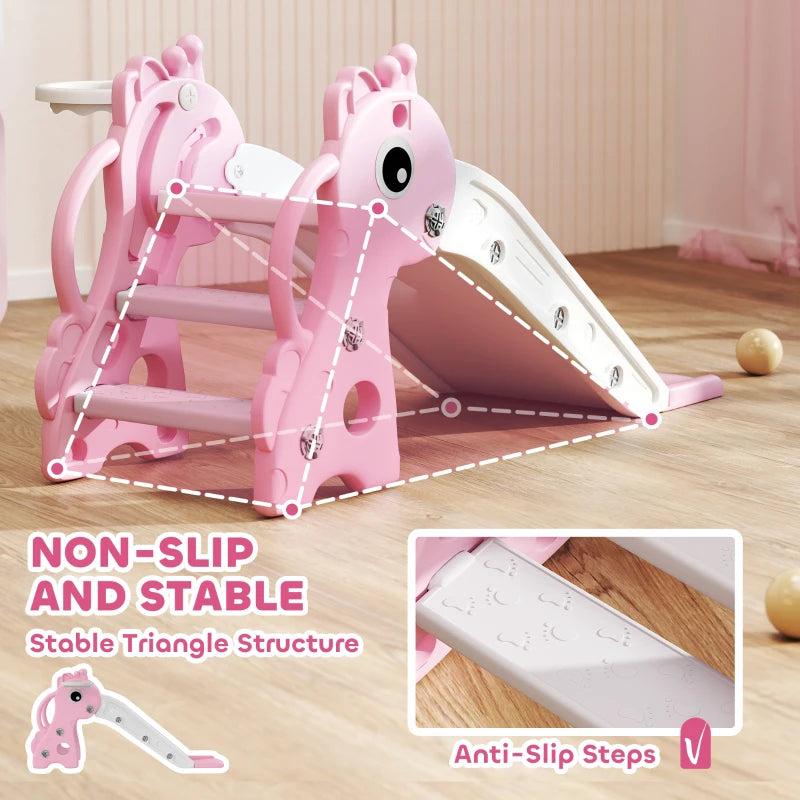 Giraffe Shape 3 in 1 Kids Slide Climber with Basketball Hoop for Indoor Play Age 1-3 Pink