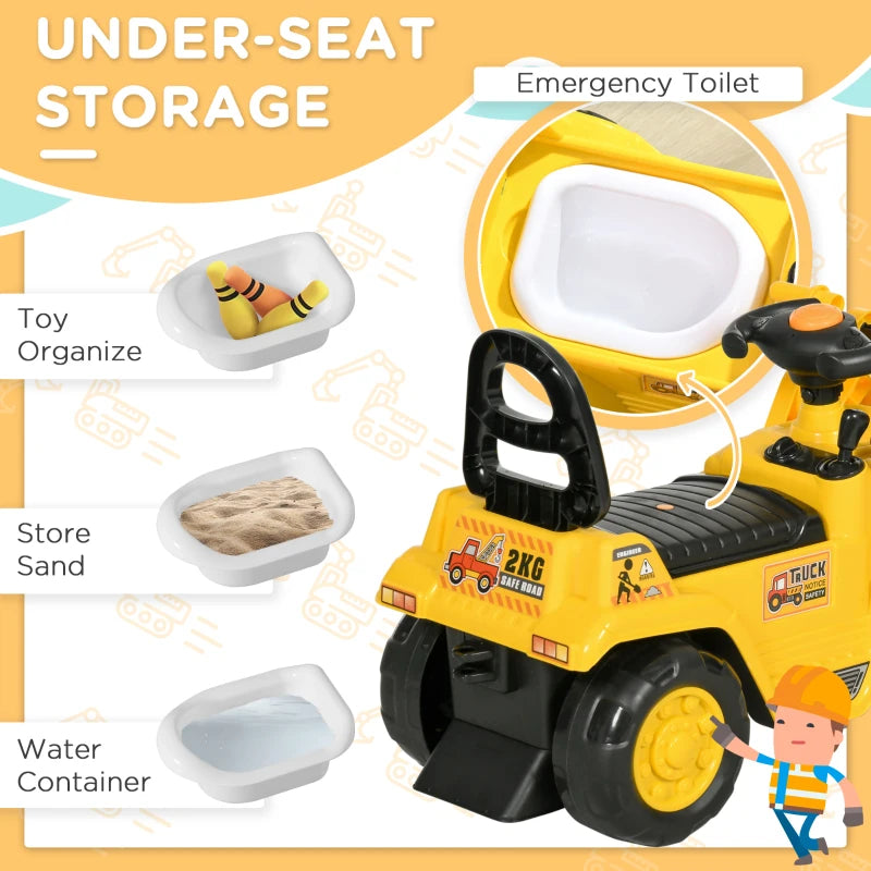 3 in 1 Ride On Toy Bulldozer for Toddlers Digger Excavator Scooter Storage Cart