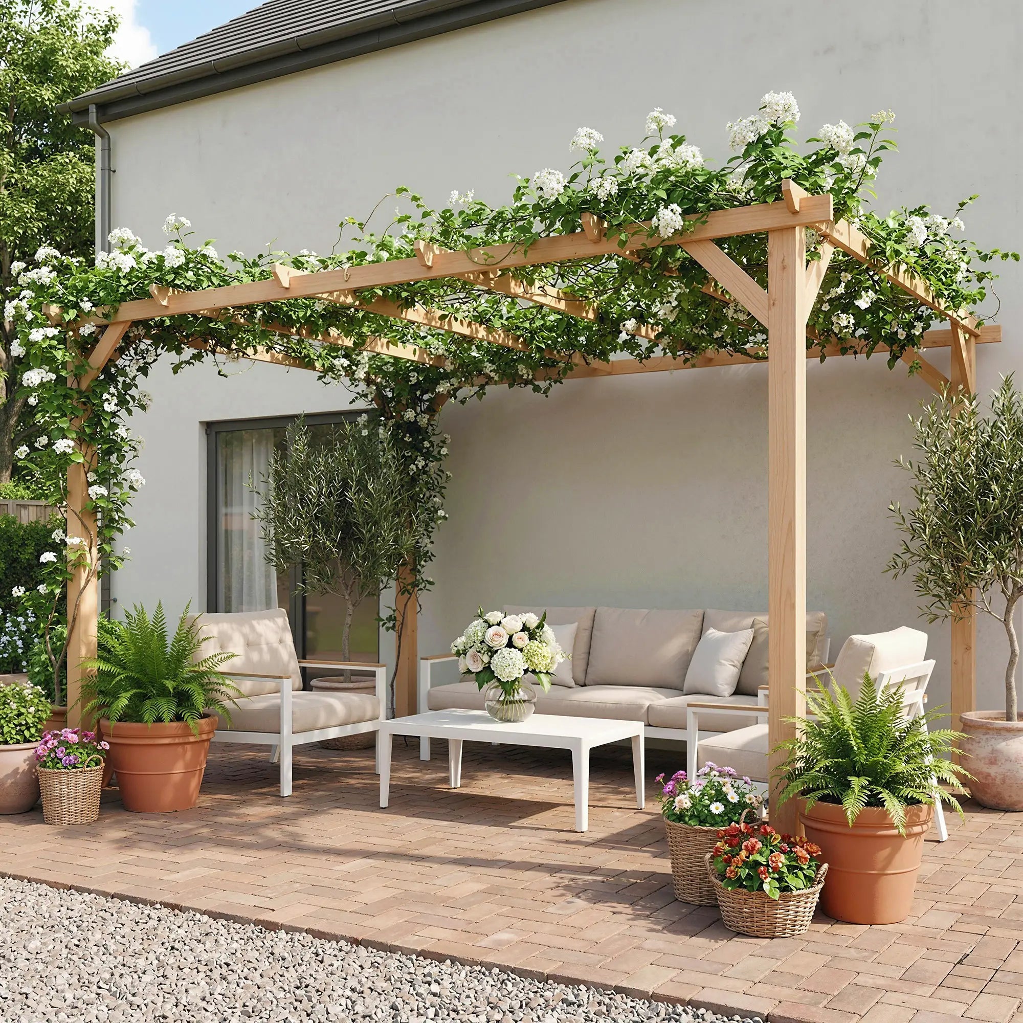4x3m Wooden Pergola Kit with Triangle Supports – Garden Gazebo Grape Trellis Frame, 6-Beam Maple Wood-Effect Design