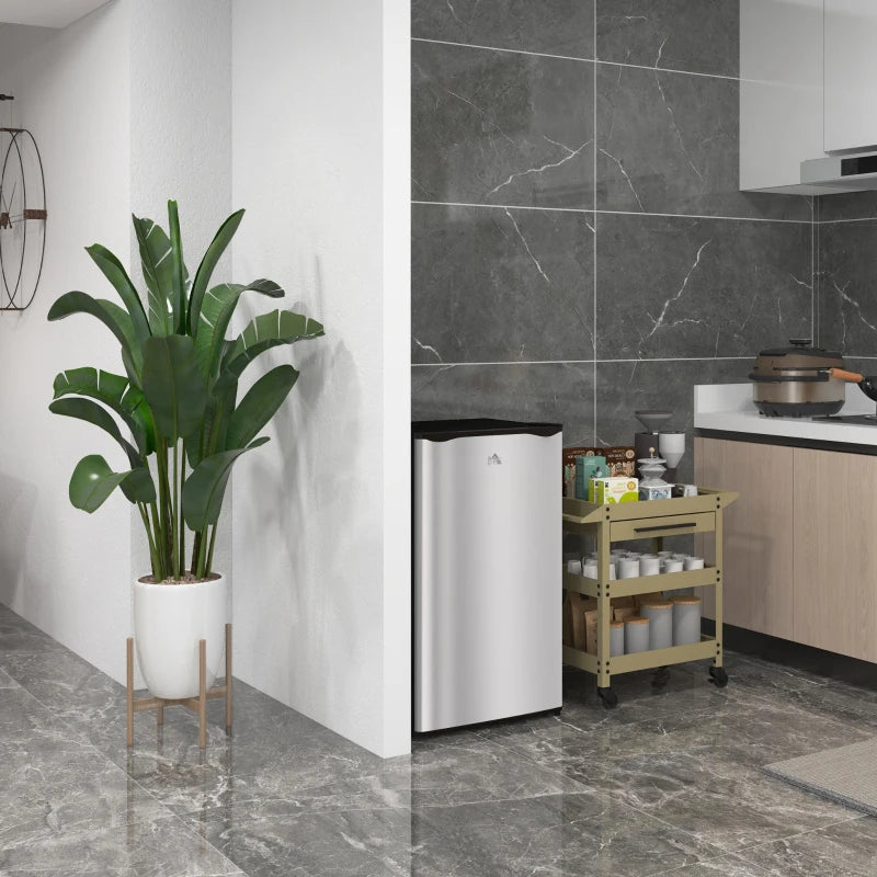 91L Freestanding Under Counter Fridge Freezer - Compact Silver Chiller Box, Adjustable Thermostat, 47.5cm Wide, Ideal for Small Spaces