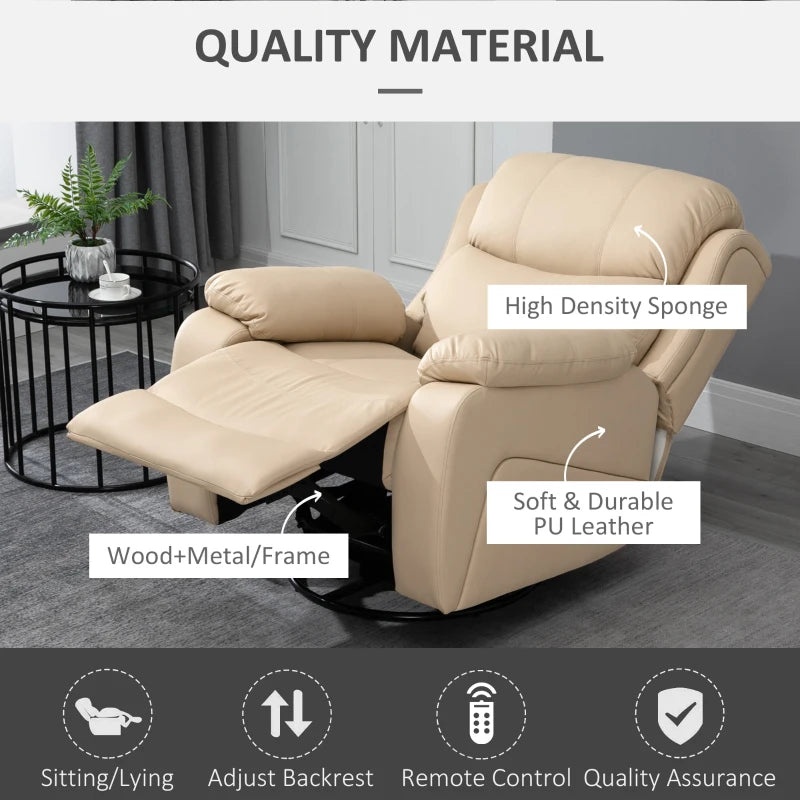 Beige PU Leather Reclining Chair with 8 Massage Points, Heat Function, Swivel Base and Footrest