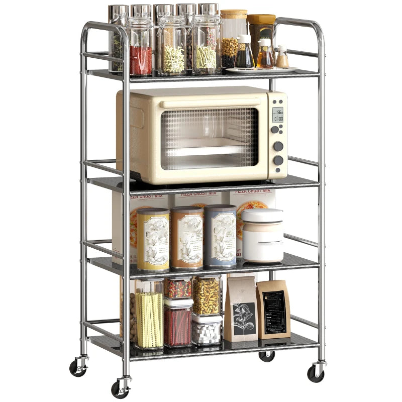 4-Tier Stainless Steel Kitchen Storage Trolley with Adjustable Shelves - Versatile Silver Cart for Organizing Kitchen Essentials