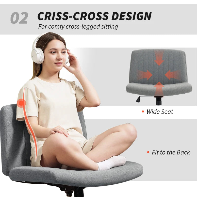 Armless Grey Office Chair - Linen Fabric, Criss Cross Legs, Wide Seat, Thick Padding, Adjustable Height, No Wheels