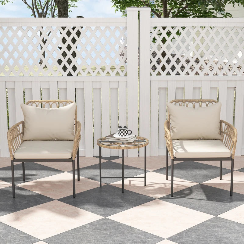 3 Piece Rattan Bistro Set with Cushions - Outdoor Wicker Furniture for Patio & Balcony