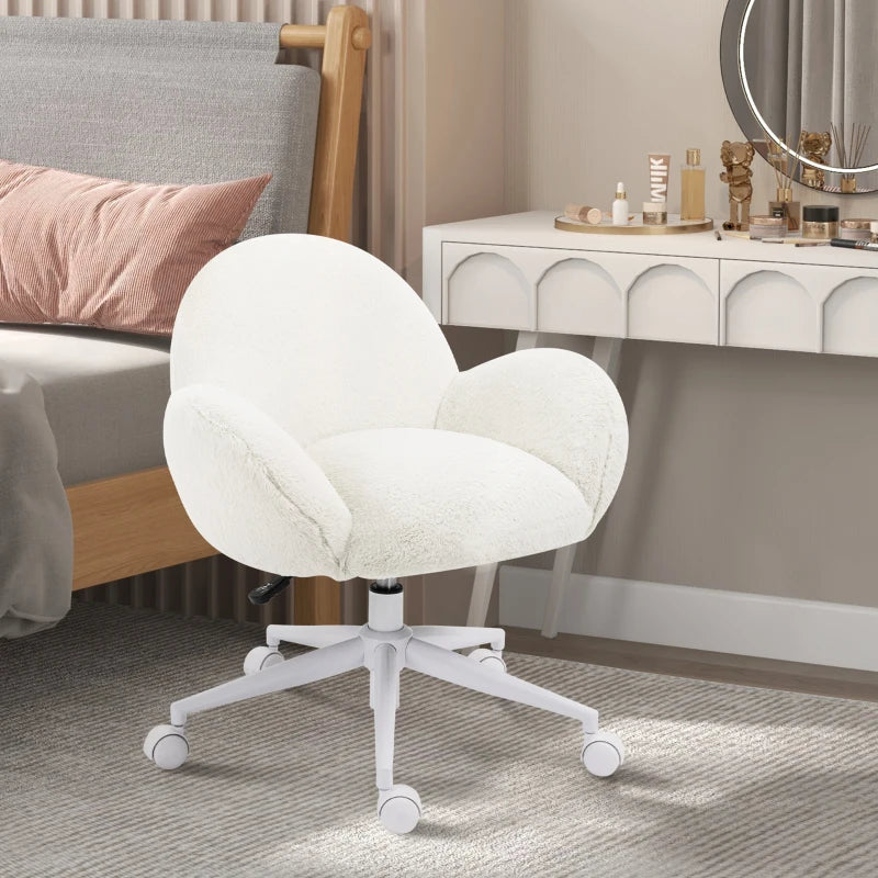 Cute Fluffy Makeup Vanity Chair with Rolling Wheels - Cream White Desk Chair for Bedroom & Living Room Decor