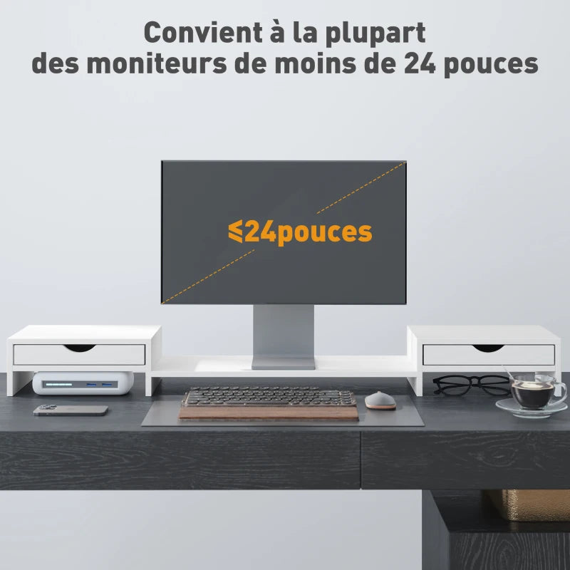 Dual Monitor Stand Riser with 2 Drawers - Adjustable Length & Angle, 116cm for Laptop, PC, Printer - White