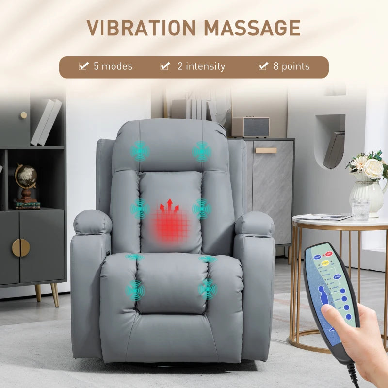 Comfortable Massage Recliner Chair with 8 Vibration Settings, Heat Function, Cup Holders, and Side Pockets in Light Grey