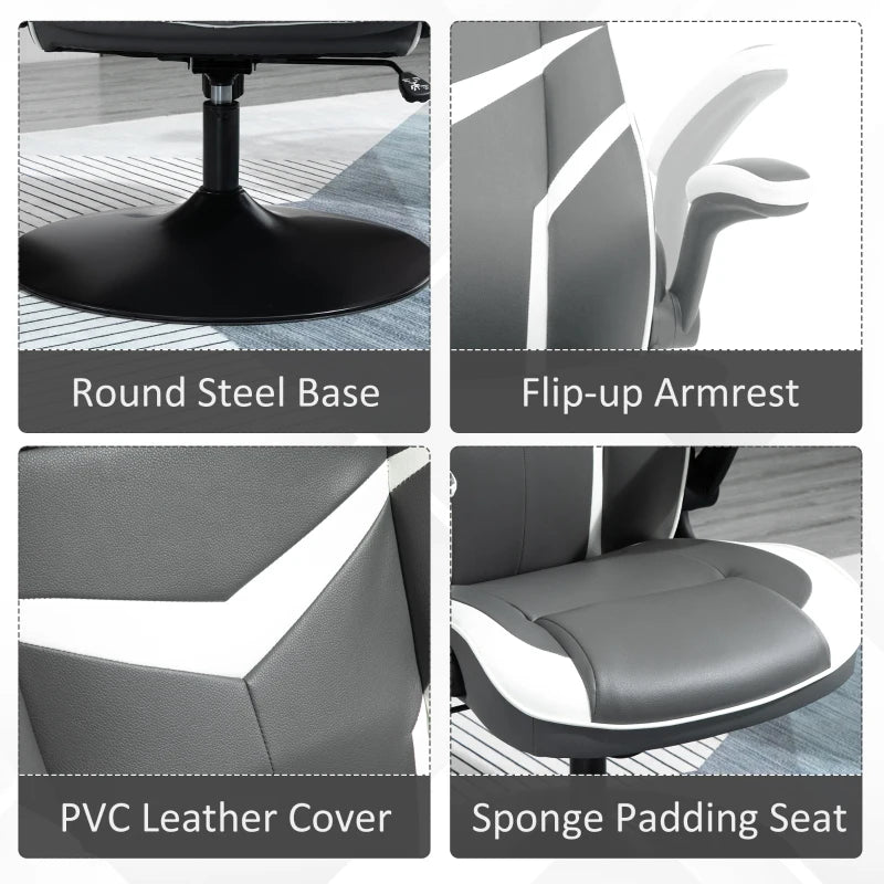 Vinsetto Ergonomic Gaming Chair - Adjustable Height, Swivel Base, PVC Leather - Stylish Grey Home Office Desk Chair