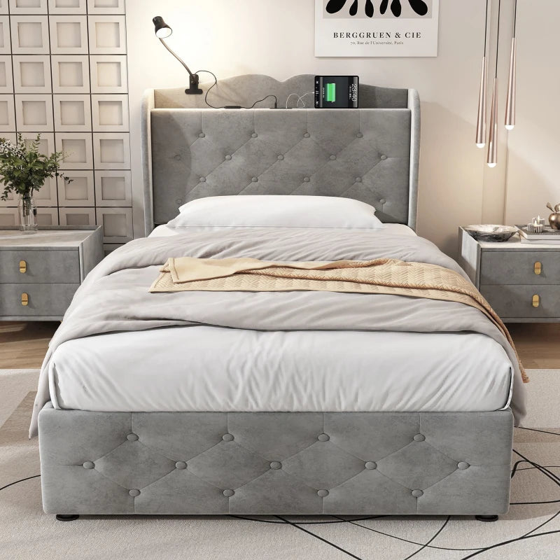 3FT Single Velvet Storage Bed with 4 Drawers, USB Ports & Table Lamp - Durable Gray Upholstered Design, 206.5L x 96.5W cm