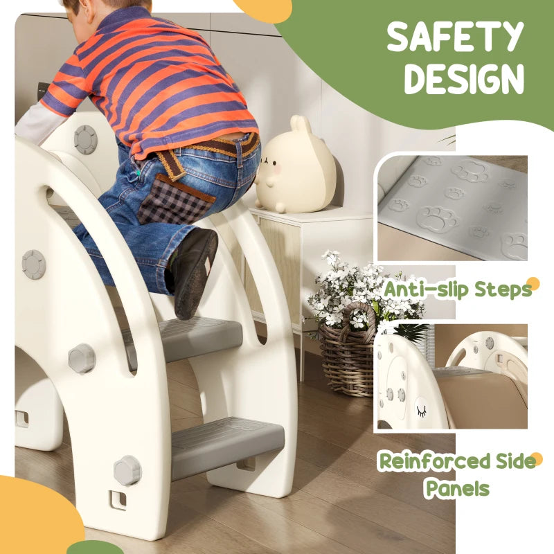 3 in 1 Toddler Slide with Basketball Hoop and Climber for Ages 1-3 Elephant Theme Cream White