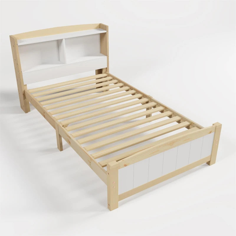 Solid Wooden Single Bed Frame with Storage Headboard - 3FT (90x190 cm), No Box Spring Required, Durable White Design