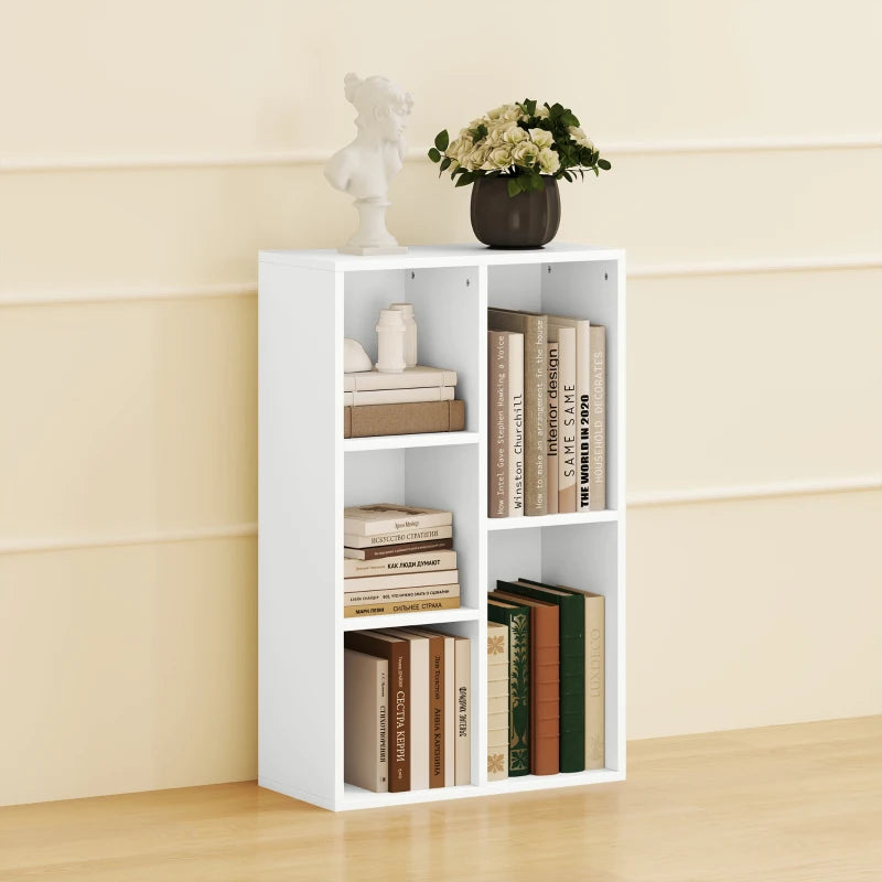Modern 2-Tier White Bookshelf with 5 Spacious Compartments - Stylish Storage Solution for Home or Office