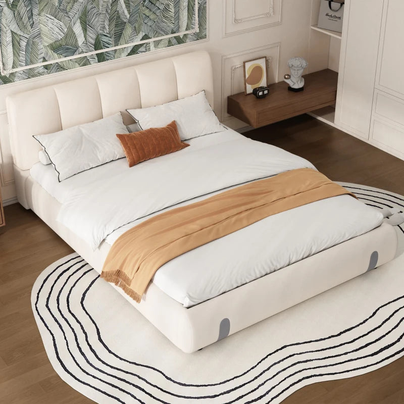 4ft6 Upholstered Double Bed - Velvet Frame with Soft Headboard & Sturdy Slats for Adults & Teens, White, 213x152x89 cm