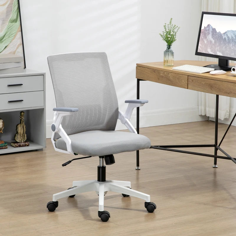 Vinsetto Grey Mesh Office Chair with Lumbar Support, Adjustable Height, Flip-up Armrests & Swivel Wheels - Ergonomic Desk Chair