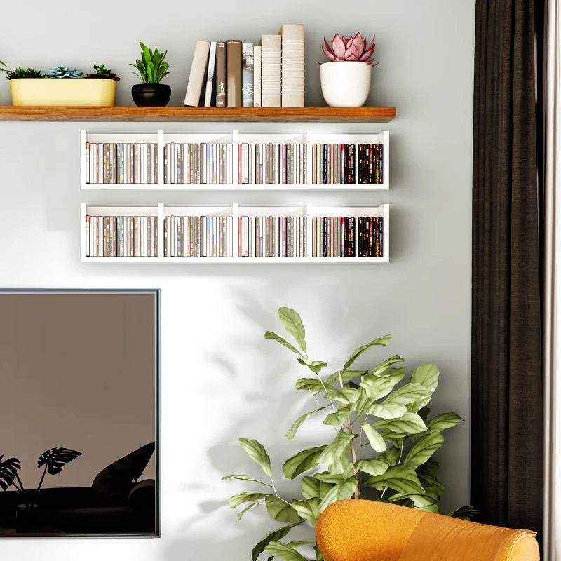 Wall Mount Media Storage Rack - 84 CD / 56 DVD/Blu-ray Organizer, 4 Cubes, Set of 2, White Wooden Shelf Unit