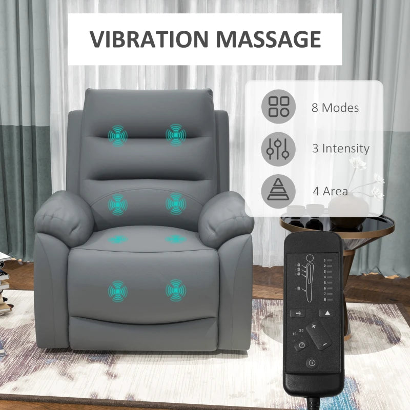 Electric Riser Recliner Chair for Elderly with 8 Vibration Massage, PU Leather, Side Pockets, Footrest, Grey