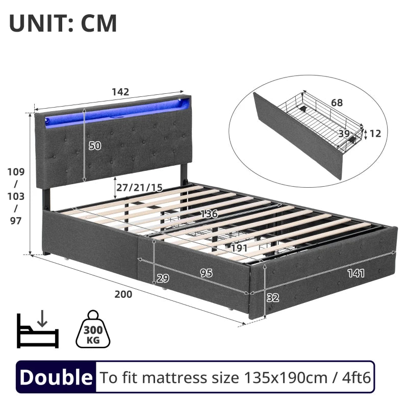 Modern Grey Double Upholstered Bed with Storage Drawers & Adjustable Button Tufted Headboard - 200L x 142W x 109H cm