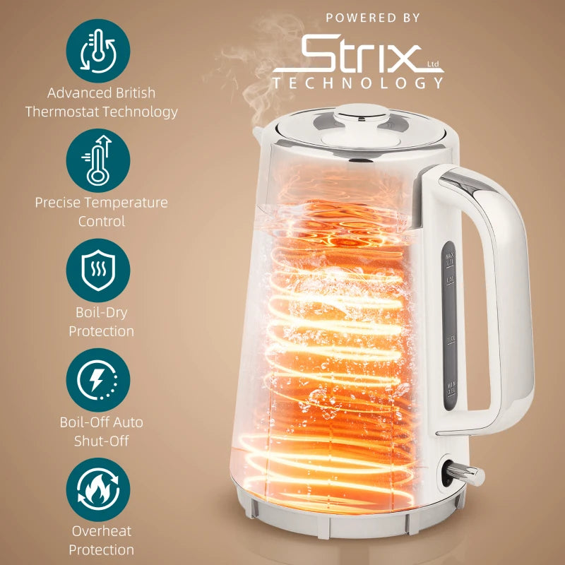Electric Stainless Steel Kettle & Toaster Set - 3000W Fast Boil 1.7L Kettle with Strix Thermostat & 4 Slice Toaster, White