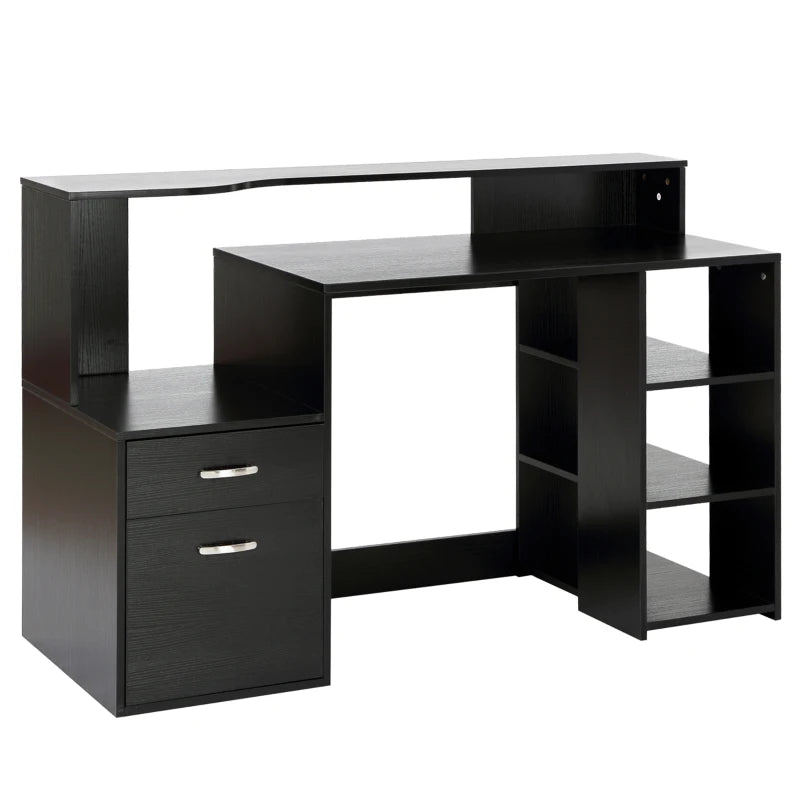 Large Black Computer Desk with Drawers & Storage Shelves - Office Writing Table & Printer Stand for Home Office, 137x55x92cm