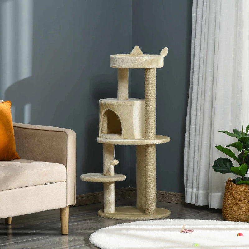 104 cm Cat Tree Condo Tower - Plush Perch, Scratching Posts & Hanging Ball - Cream White Activity Centre for Cats