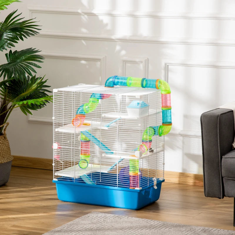 5-Tier Hamster Cage with Tube, Water Bottle, Exercise Wheel & Food Dish - Blue, 59L x 36W x 69H cm