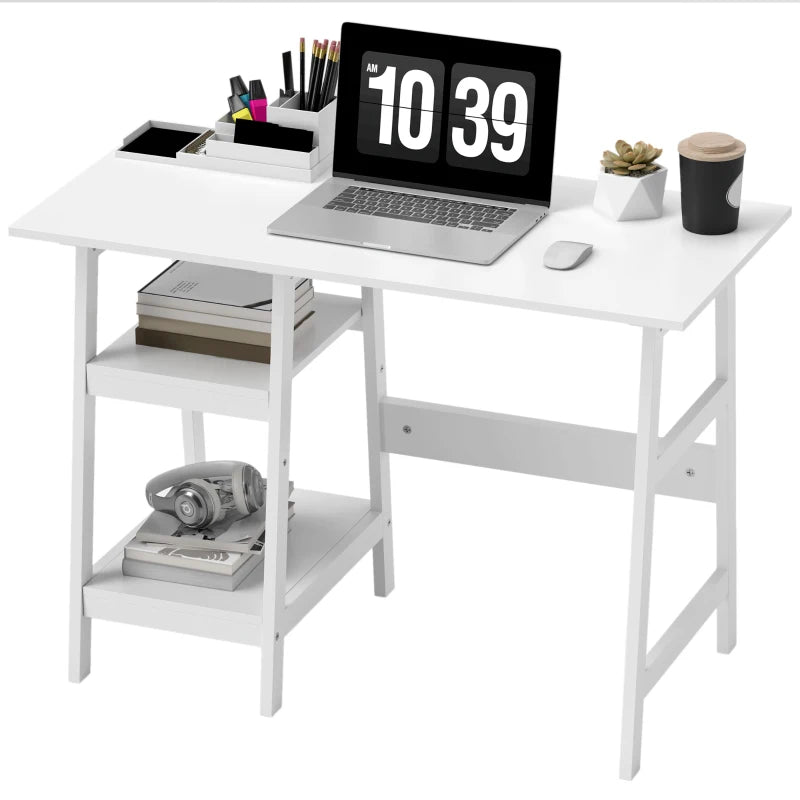 Compact White Computer Desk with Storage Shelves - Study Table & PC Workstation for Home Office, Easy Assembly, 106x51cm