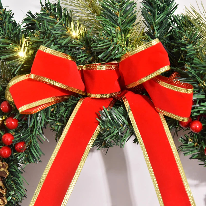 60cm Pre-Lit Artificial Christmas Wreath with Holly, Pine Cones & LED Lights - Glittered Indoor/Outdoor Holiday Decor