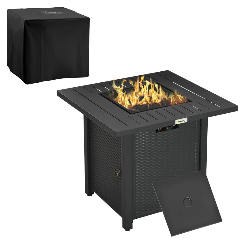 Rattan-style Propane Gas Fire Pit Table with 40,000 BTU Burner, Square Smokeless Firepit Patio Heater with Thermocouple, Lava Rocks, Waterproof Cover, Spark Guard and Lid, Black