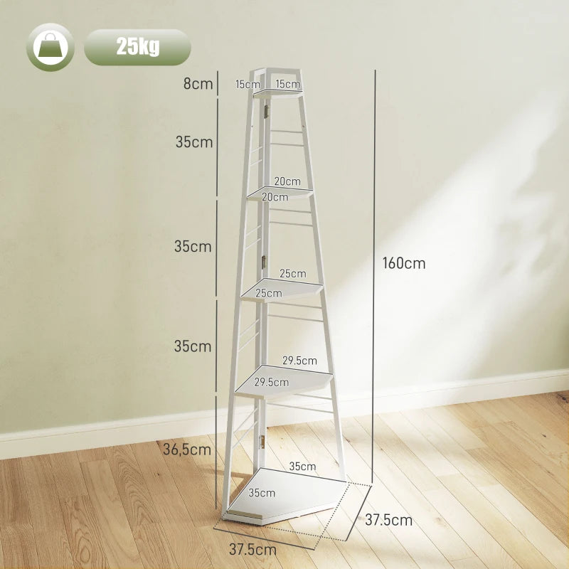 Stylish Five-Tier Corner Shelf in White - Space-Saving Storage Solution for Home Decor and Organization