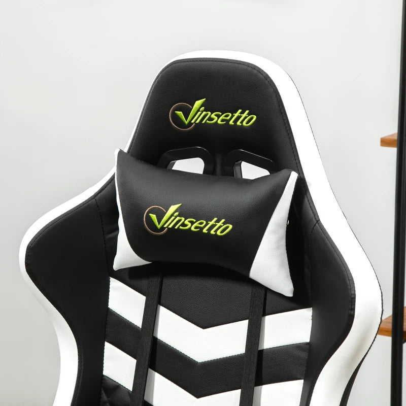 Vinsetto Gaming Chair - Ergonomic Computer Desk Chair with Lumbar Support, Faux Leather, Headrest & Swivel Wheels - Black & White
