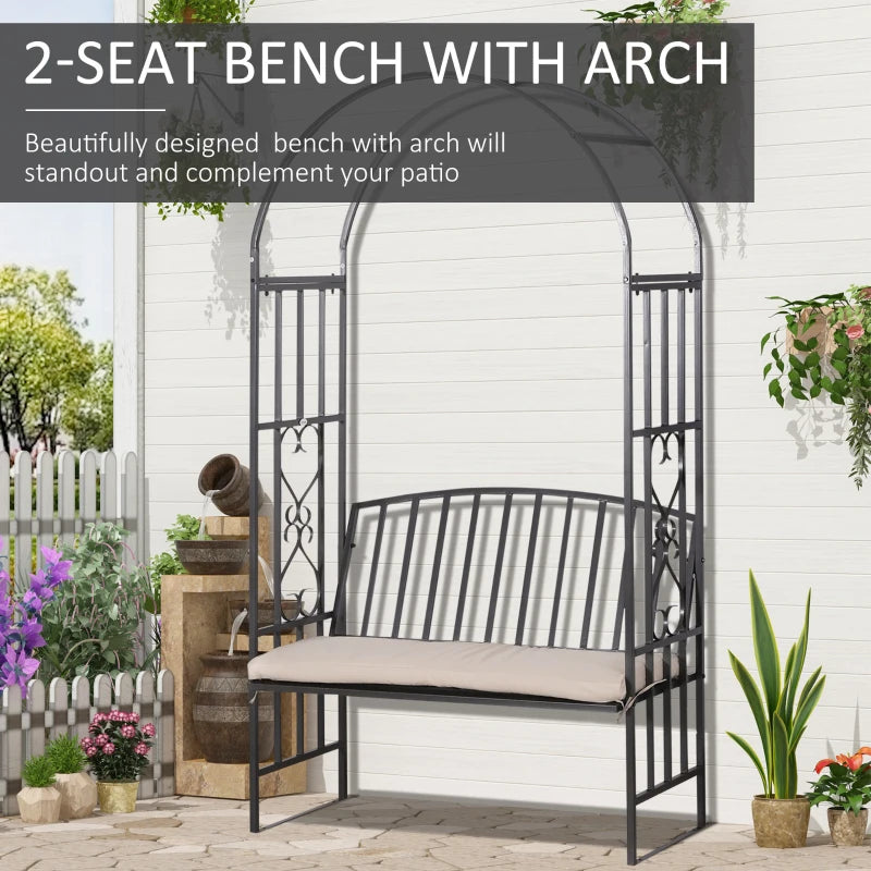 Grey Metal Frame Garden Bench with Arch, 114x60x206 cm