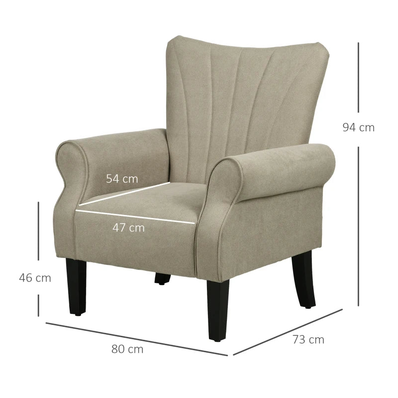 Beige Upholstered Accent Chair with Rolled Arms and Wooden Legs for Living Room or Bedroom