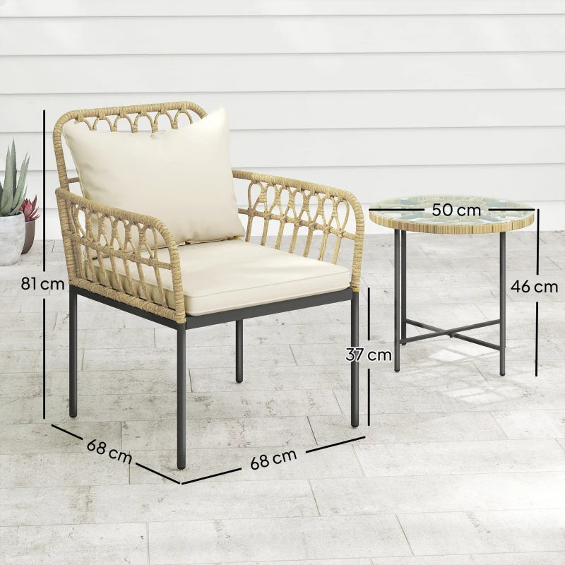 3 Piece Rattan Bistro Set with Cushions - Outdoor Wicker Furniture for Patio & Balcony