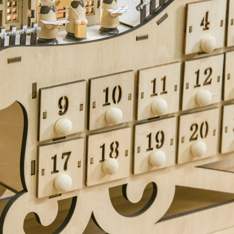 2021 Light Up Christmas Advent Calendar - Wooden Sleigh Holiday Decoration with Countdown Drawers for Kids & Adults - Natural Wood