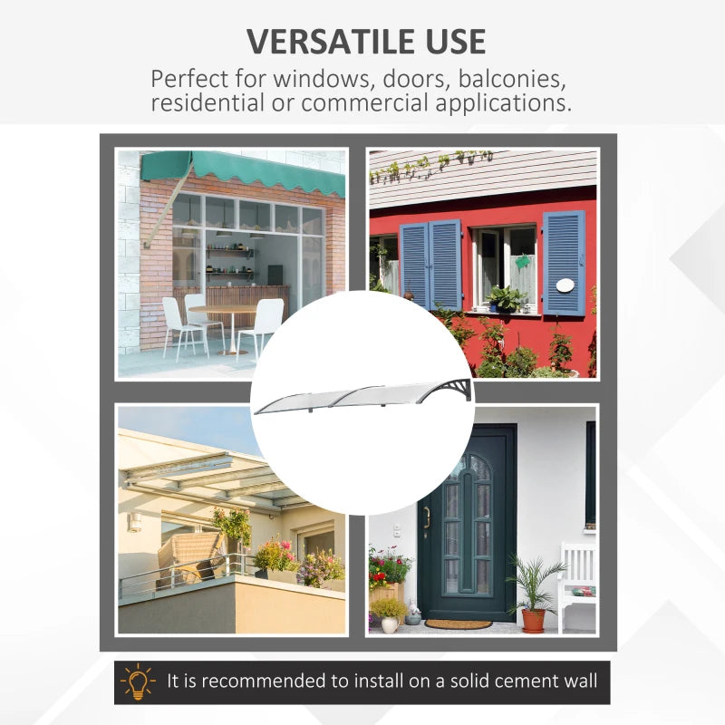 196cm x 75cm Clear Front Door Canopy - Rigid Plastic Polycarbonate Rain Shelter - UV, Water & Rain Resistant