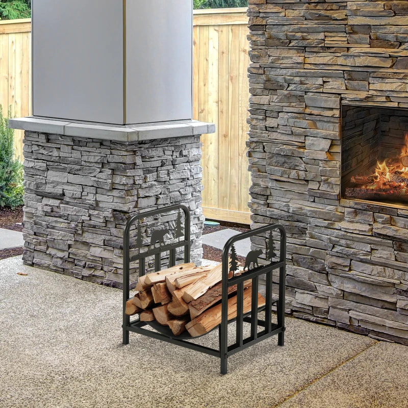 Bear-Shaped Metal Firewood Log Holder Rack - Indoor/Outdoor Fireplace Wood Storage, Rust-Resistant, 42W x 33.5D x 43H cm